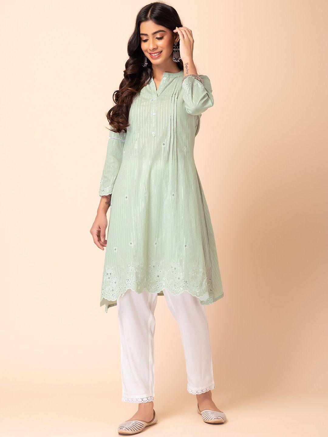 rang by indya women green embroidered regular pure cotton kurta with trousers