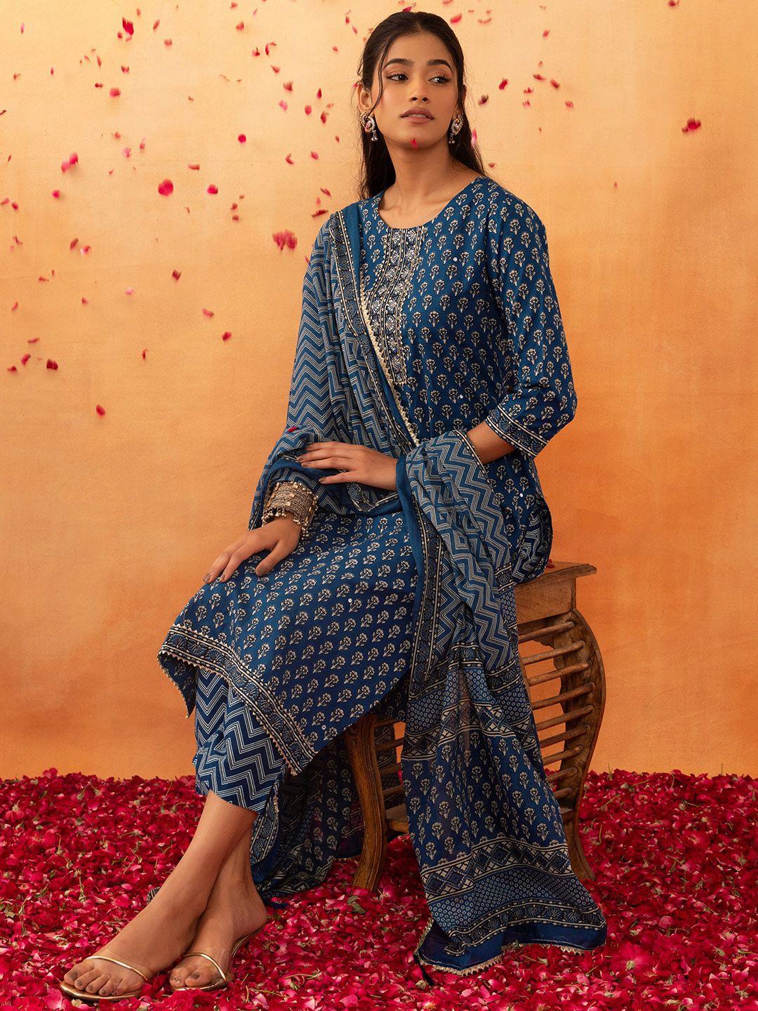 rang by indya floral printed pure cotton straight kurta with trousers & dupatta