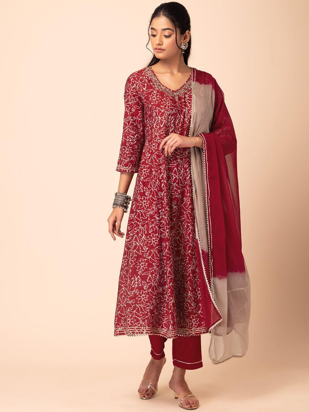 rang by indya women red floral embroidered regular kurta with trousers & with dupatta