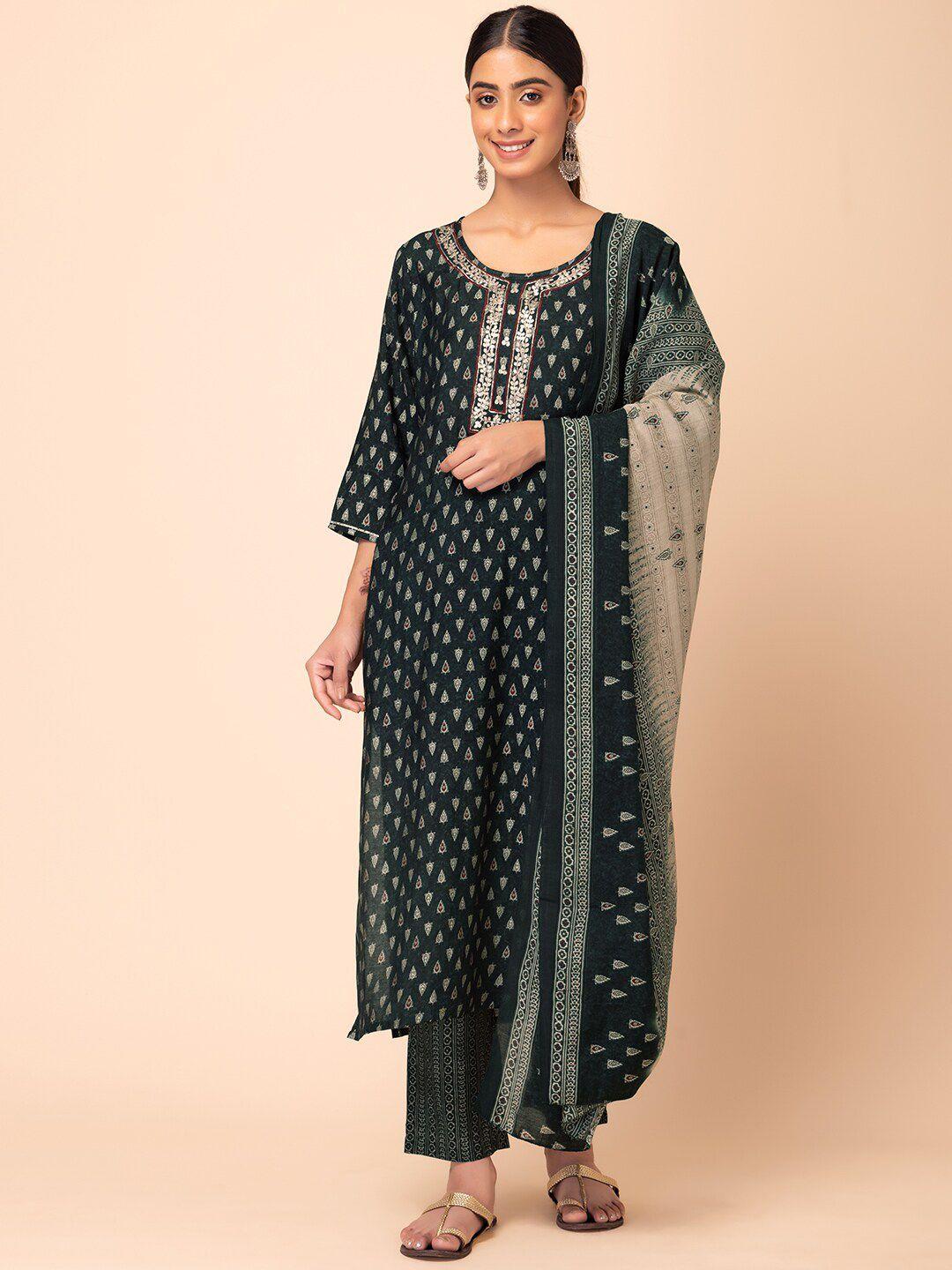 rang by indya women green printed regular kurta with trousers & with dupatta