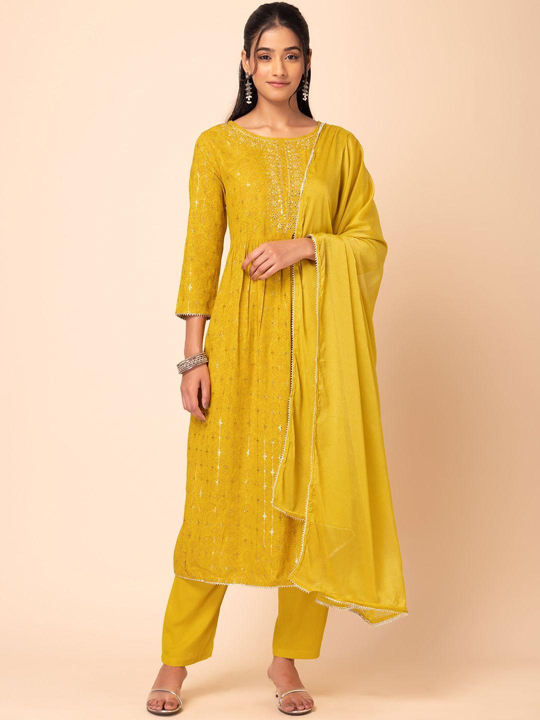 rang by indya women mustard yellow ethnic motifs embroidered regular thread work kurta with trousers & with