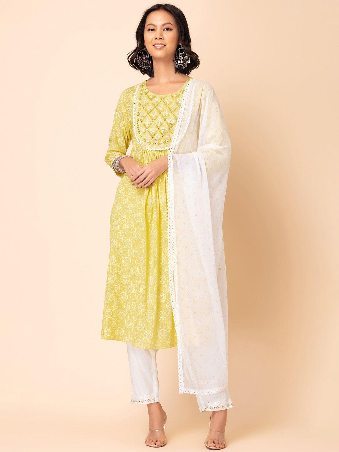 indya bandhani printed a-line pure cotton kurta with trouser & dupatta