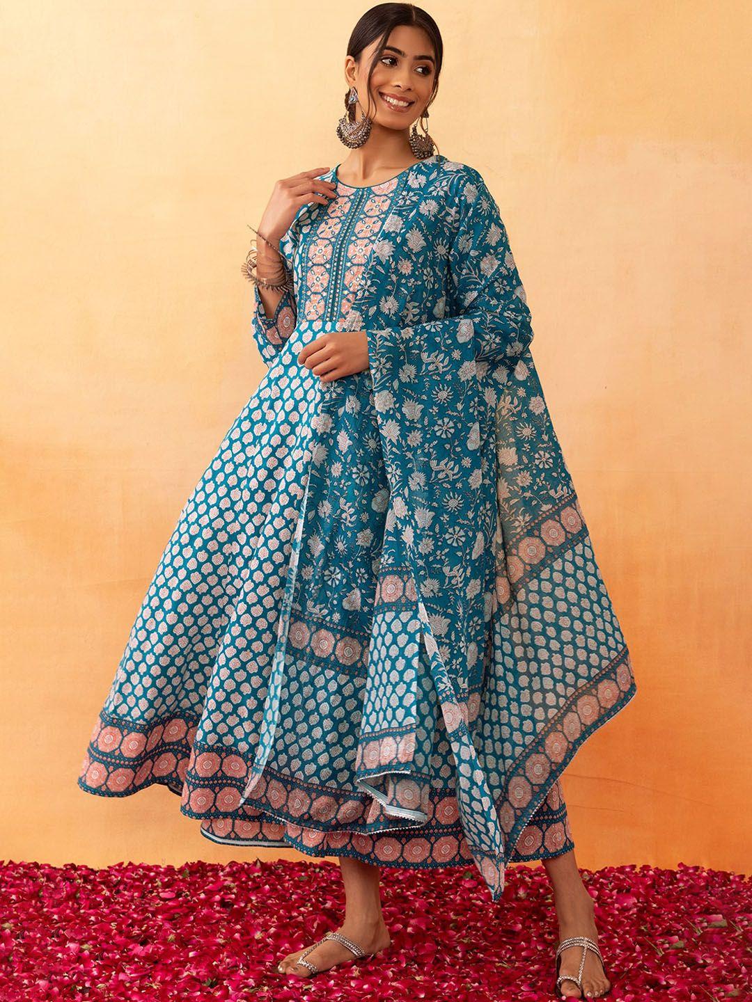 indya floral boota printed anarkali kurta & dupatta