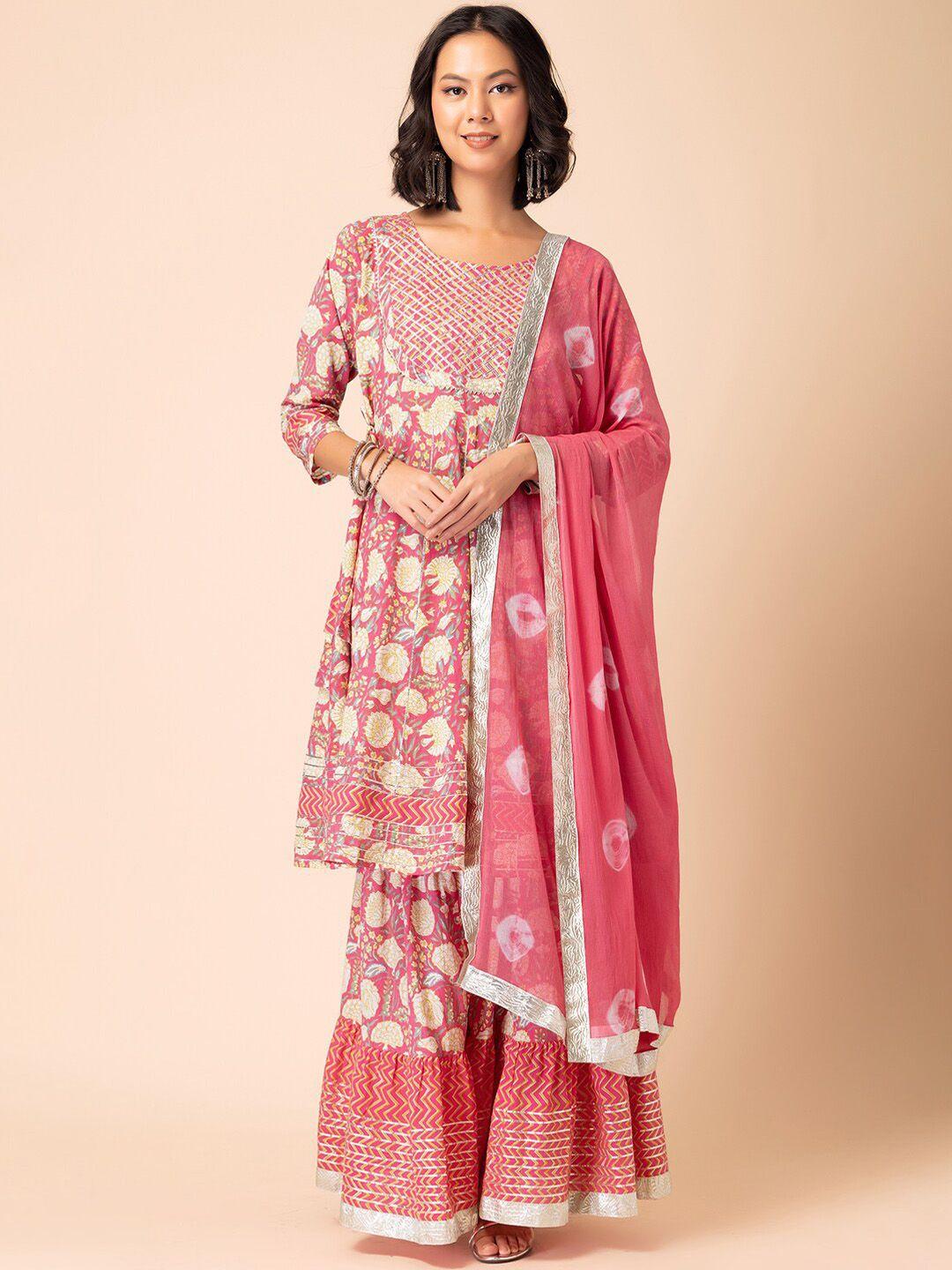 indya printed cotton a-line kurta with sharara & dupatta