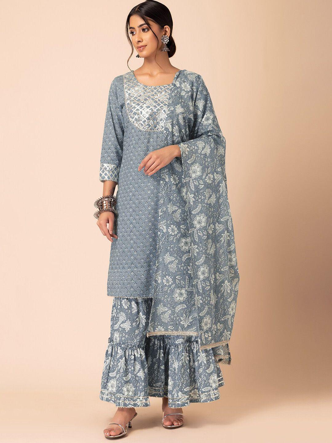 indya floral printed pure cotton kurta with sharara & dupatta