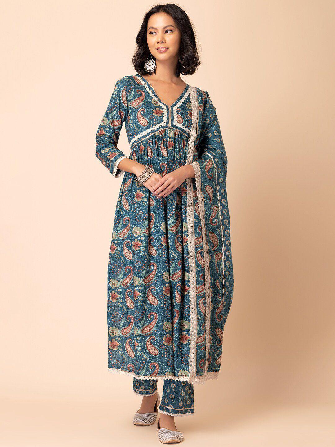 indya printed pure cotton anarkali kurta with trouser & dupatta