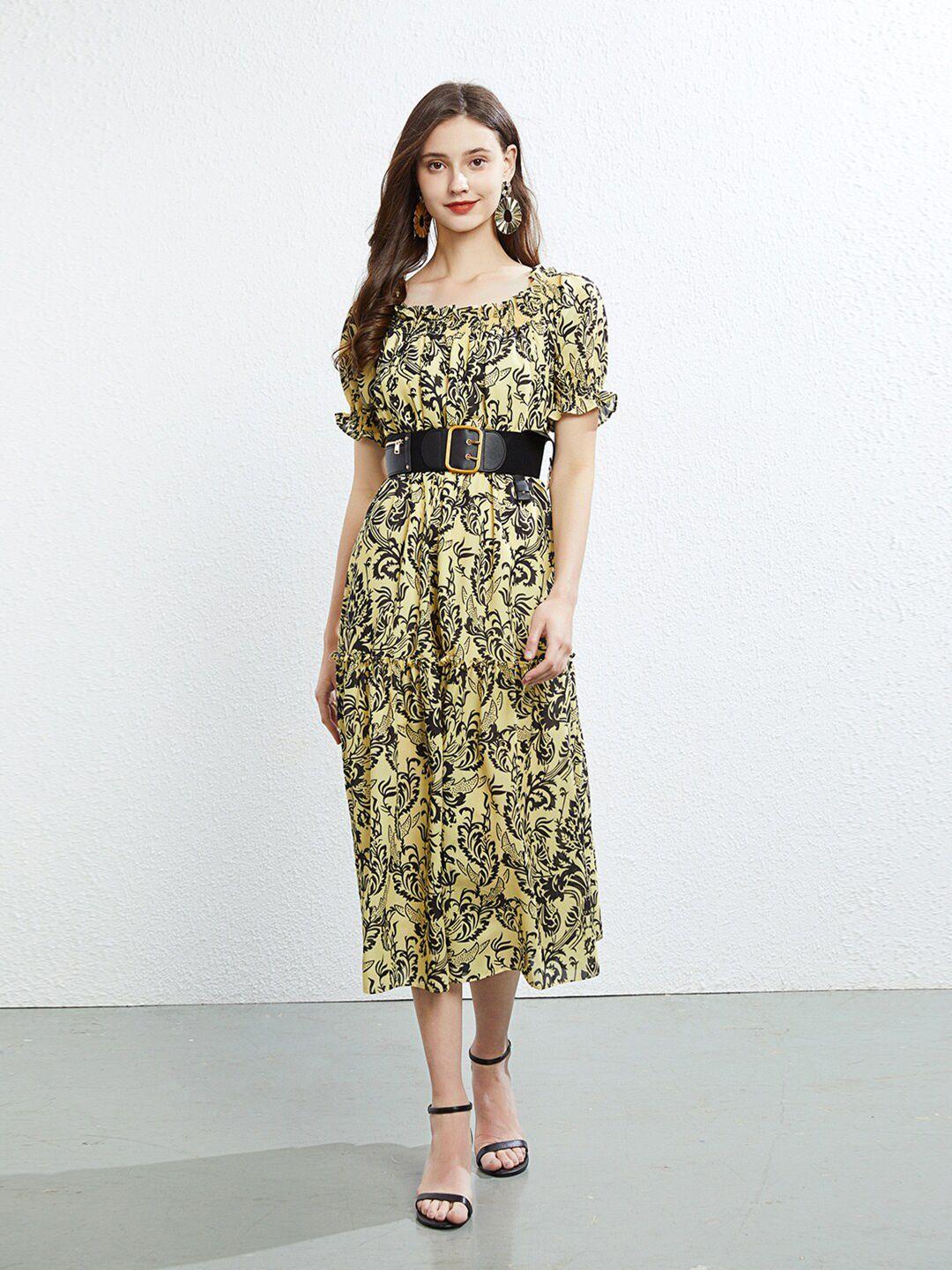 jc collection floral printed puff sleeves belted fit & flare midi dress