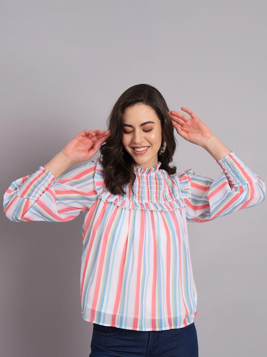 the dry state white & pink striped bishop sleeve smocked ruffles top