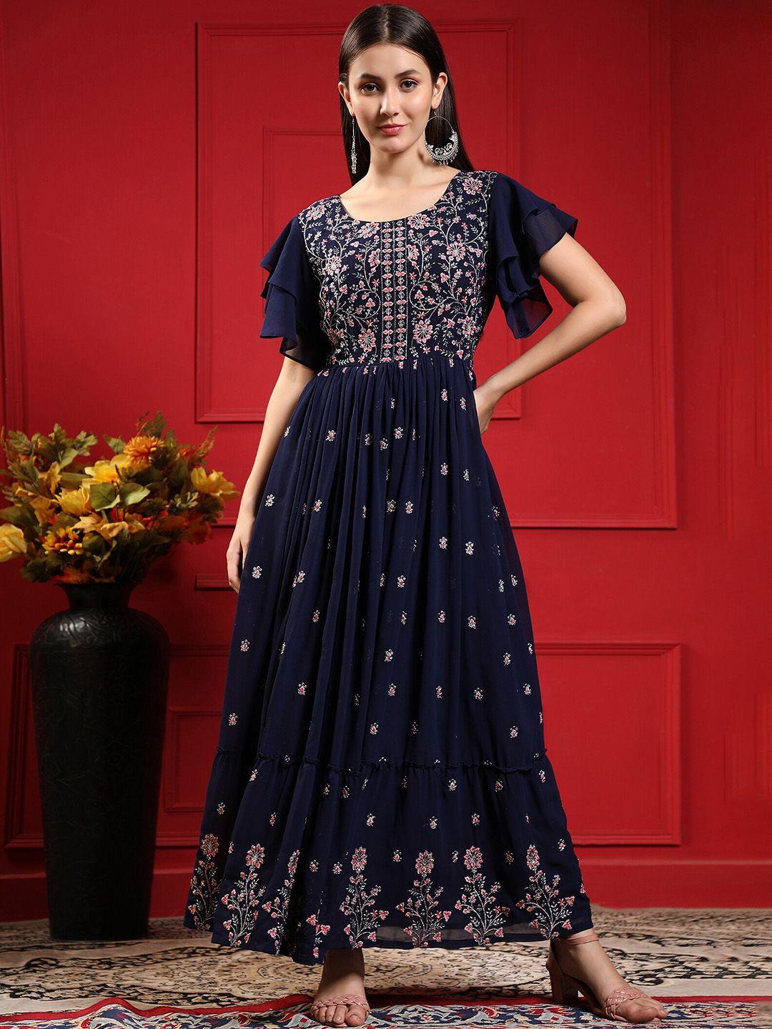 kalini zari embroidered flared sleeve georgette ethnic dress