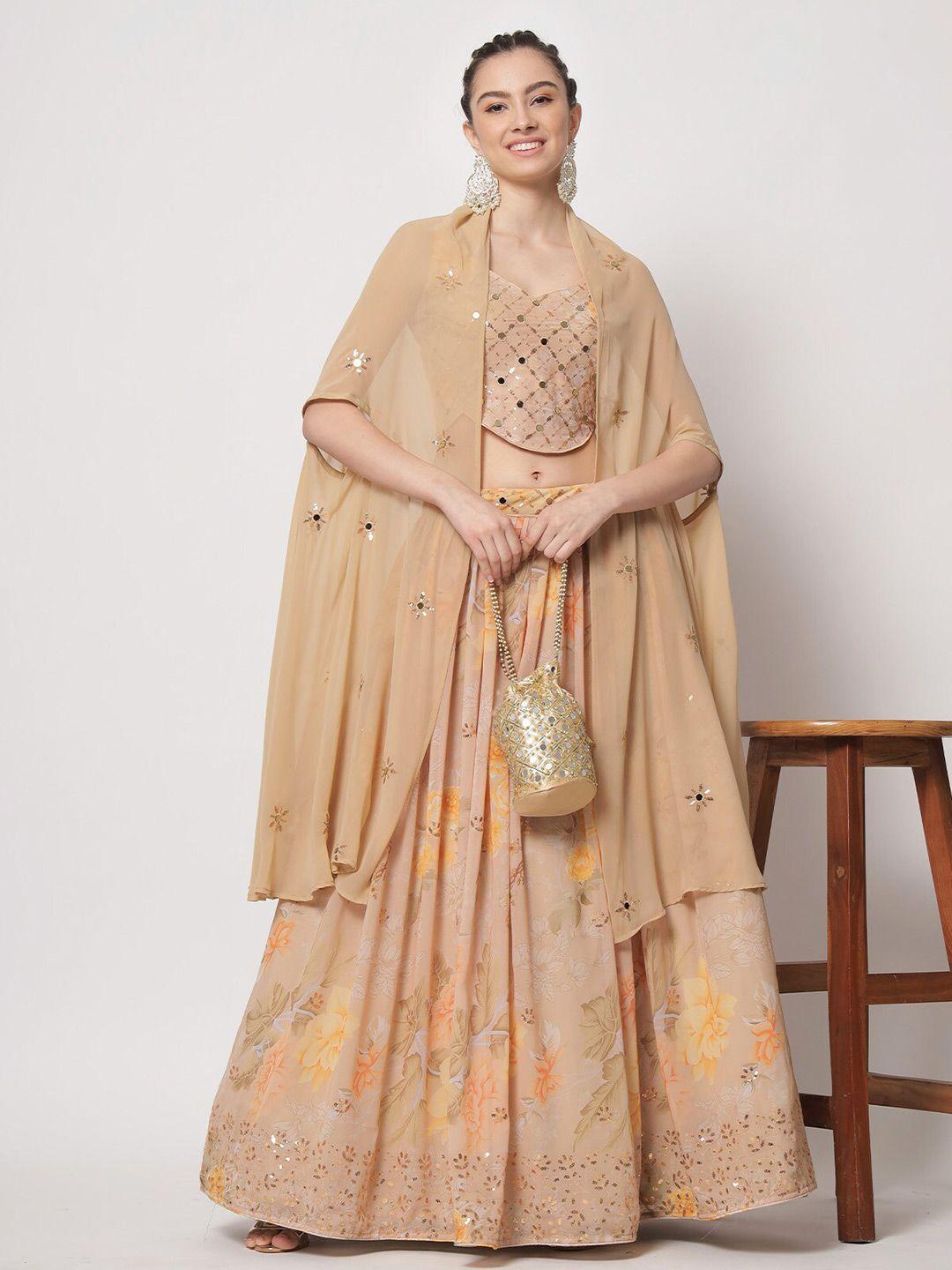 odette beige & yellow embellished sequinned semi-stitched lehenga & unstitched