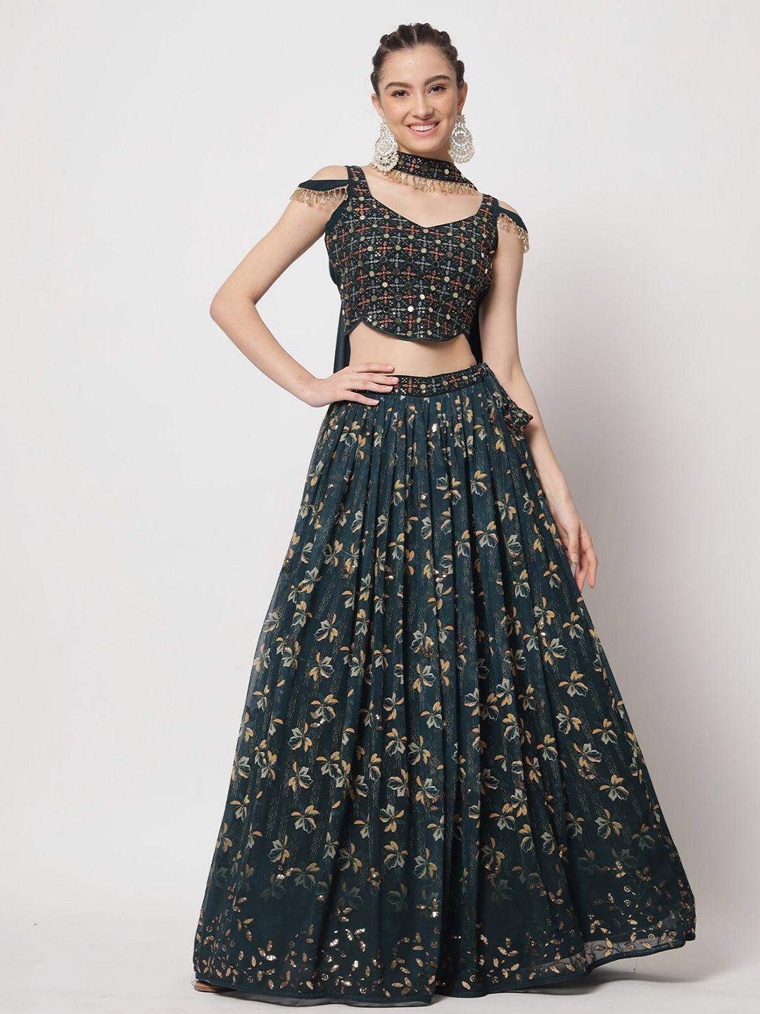 odette green & gold-toned embellished sequinned semi-stitched lehenga & unstitched blouse with dupatta