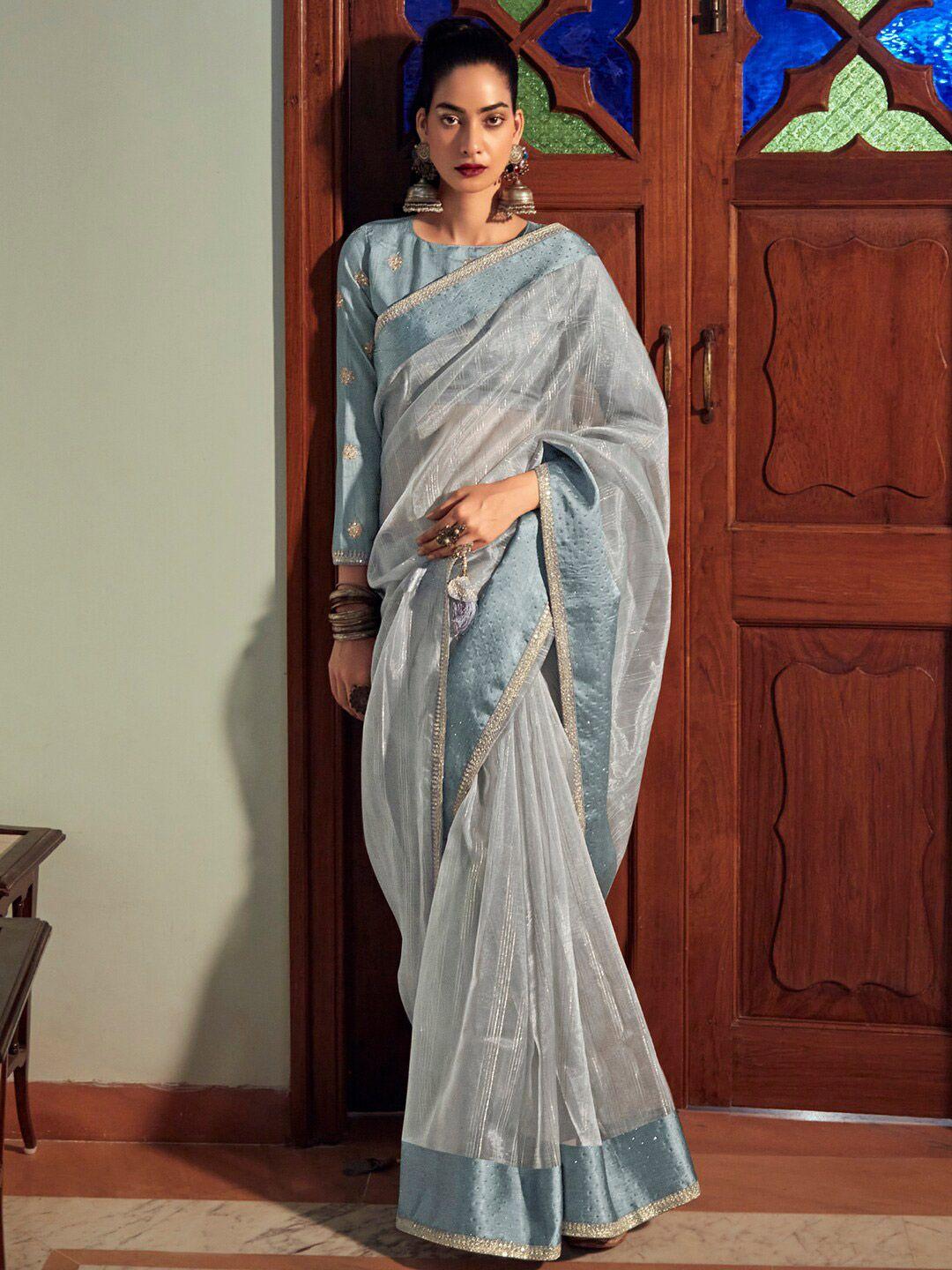 stylee lifestyle striped beads & stones organza saree