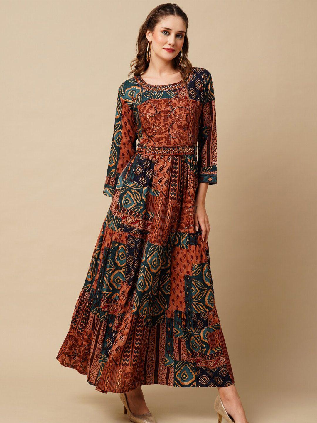 fashor maroon & blue floral printed maxi ethnic dresses