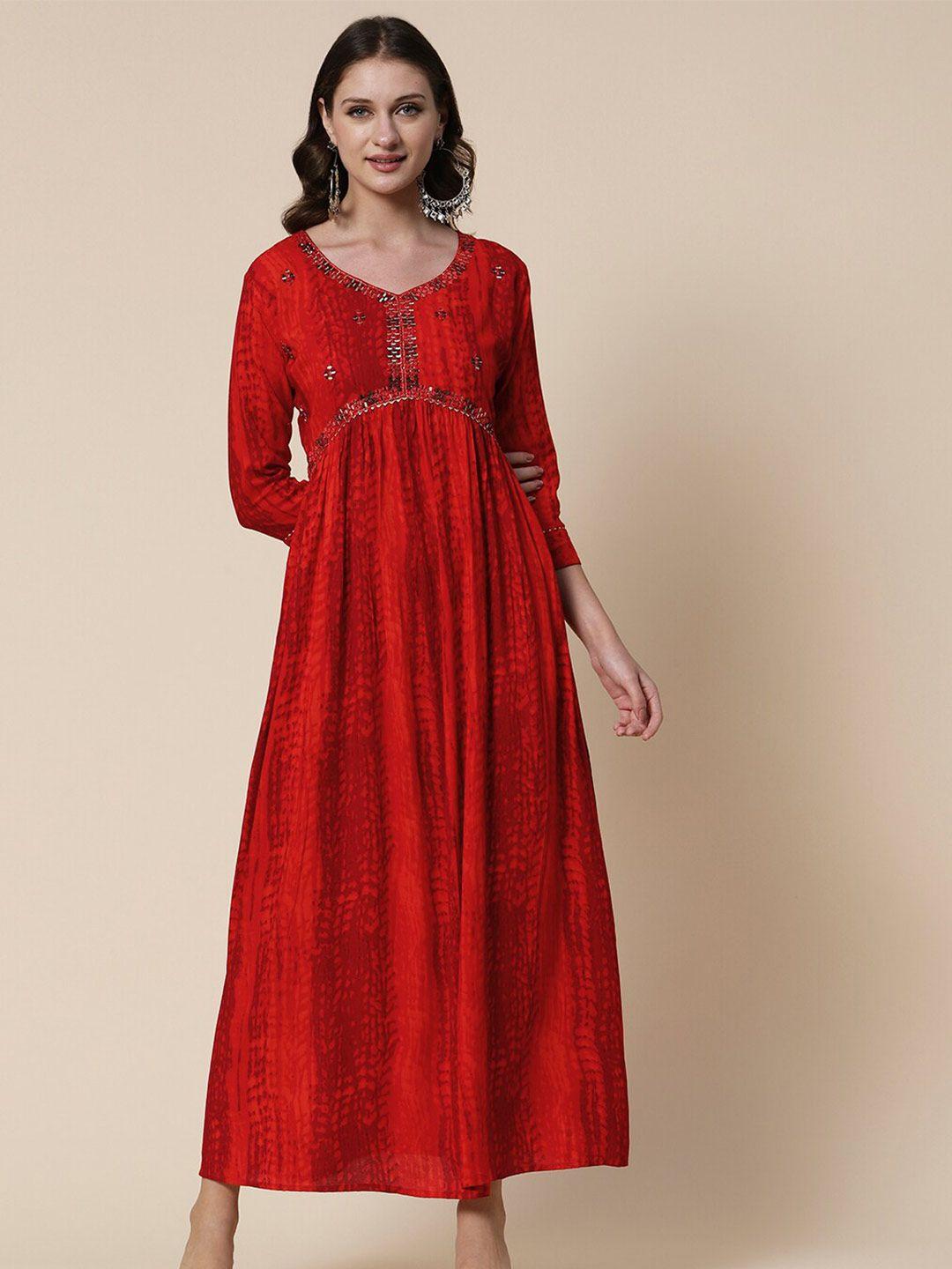 fashor red ethnic motifs printed maxi ethnic dresses