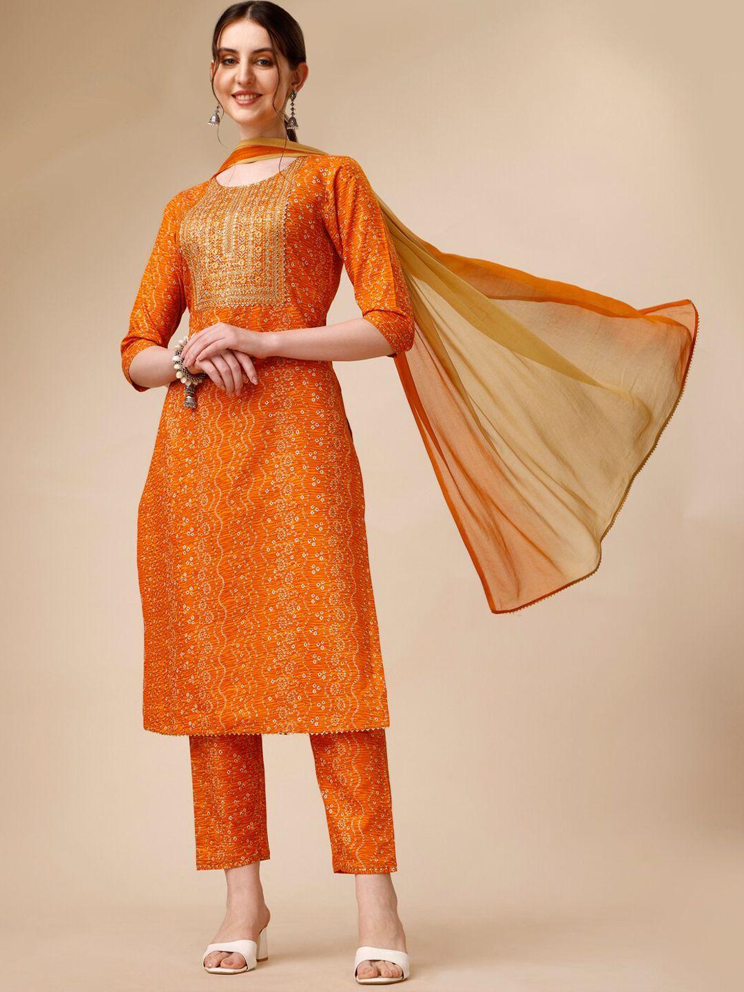 berrylicious bandhani printed thre work straight kurta with trousers & dupatta