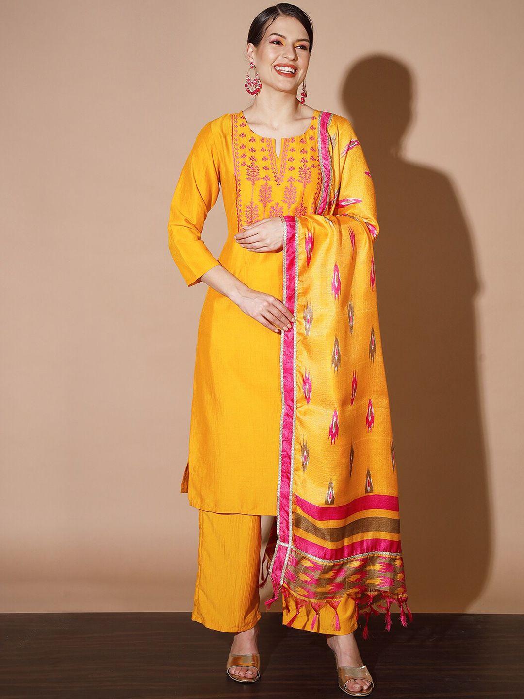 myshka women mustard yellow ethnic motifs embroidered regular thread work kurta with palazzos & with dupatta