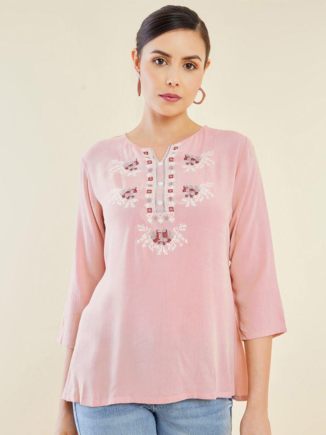 soch peach-coloured & white embroidered ethnic tunic