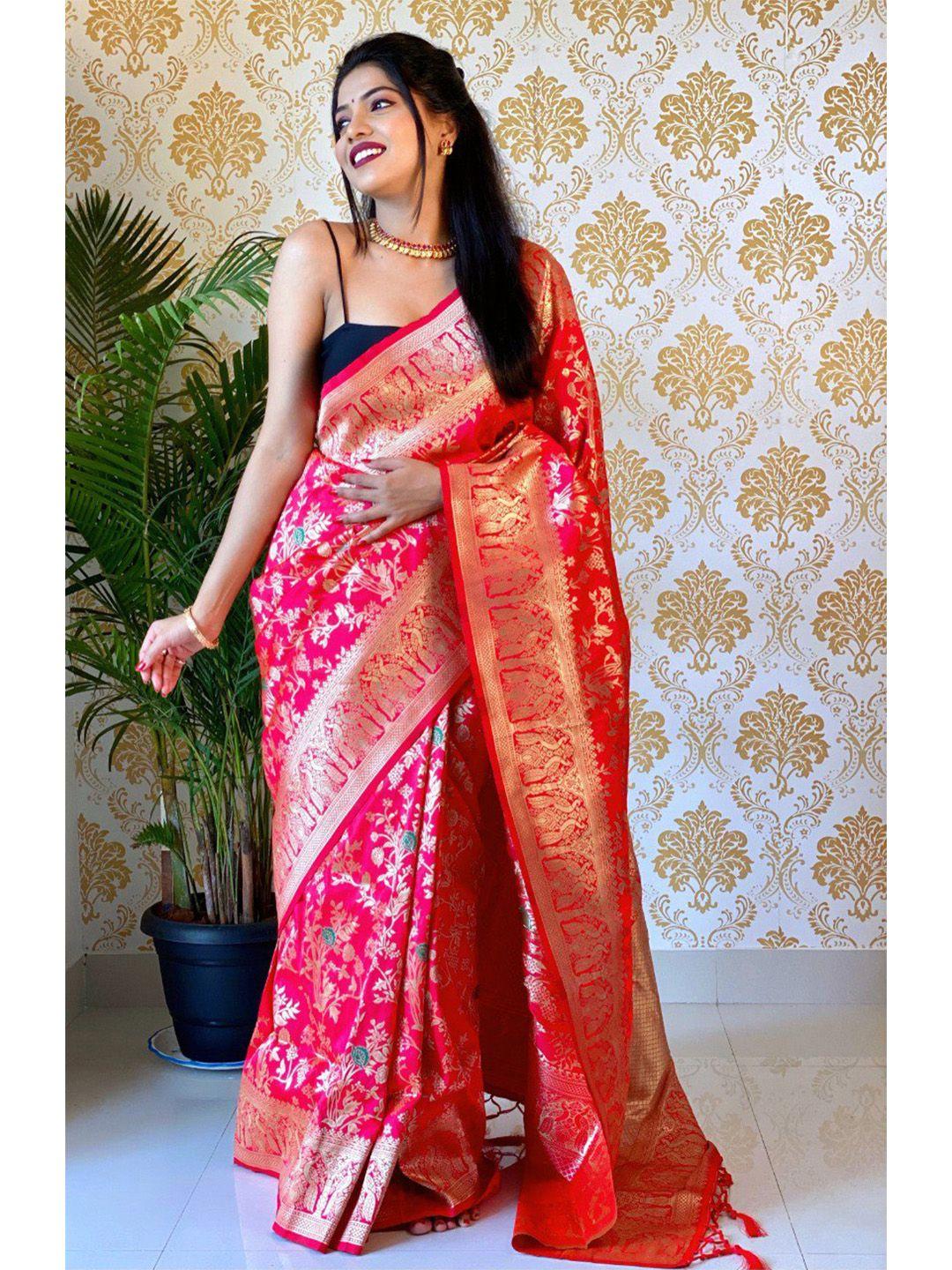 veerax pink & gold-toned woven design zari pure silk banarasi saree