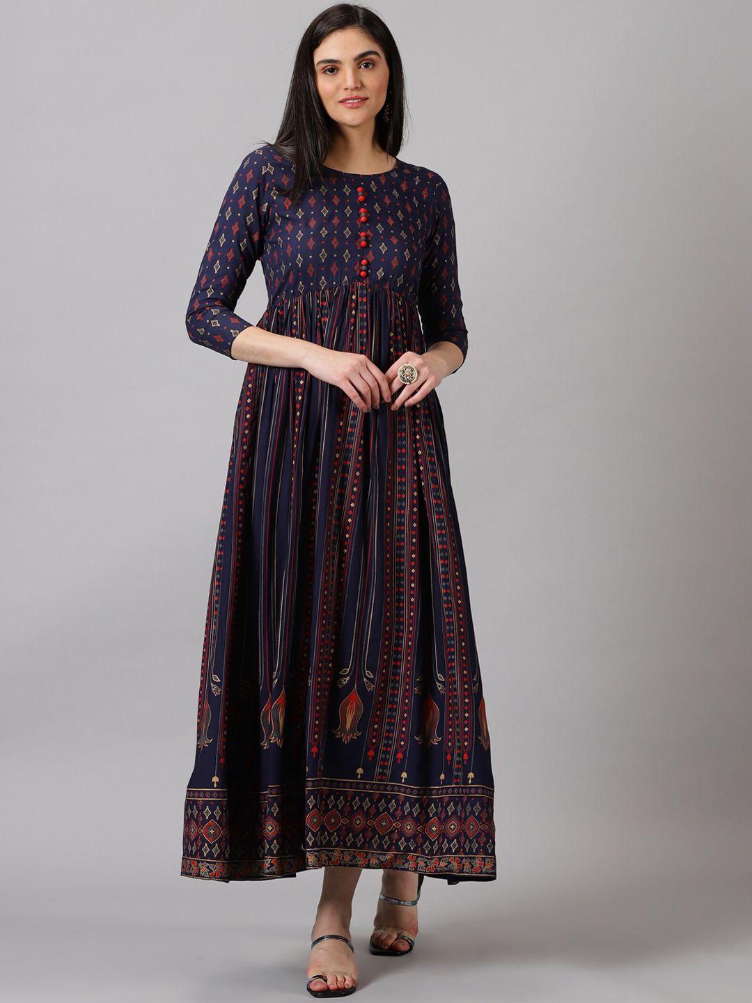 purshottam wala women blue ethnic motifs printed thread work floral anarkali kurta