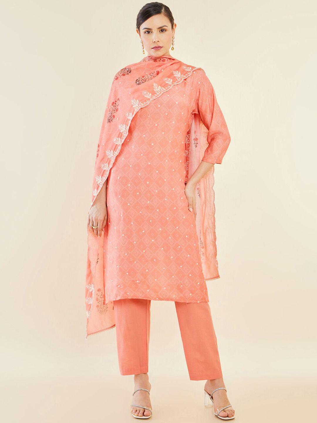 soch women peach-coloured bandhani printed regular thread work kurta with trousers & with dupatta