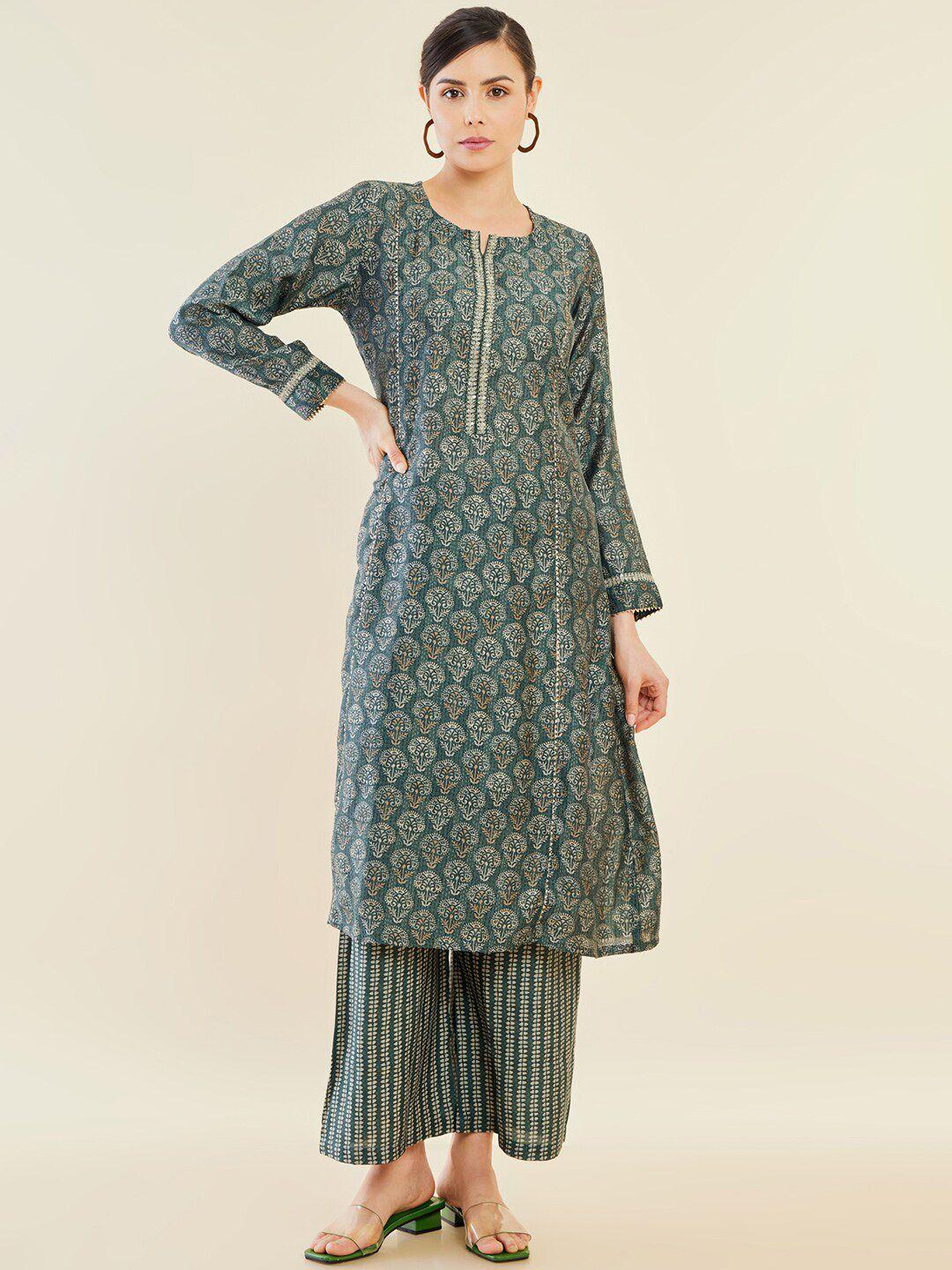 soch women green ethnic motifs printed regular gotta patti kurta with palazzos