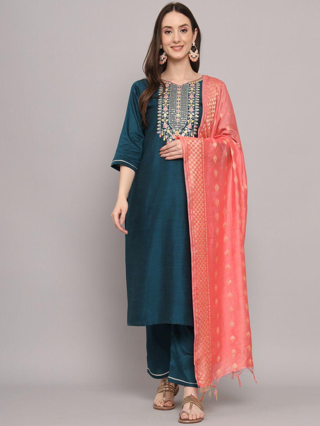 kalini women teal ethnic motifs embroidered regular kurta with trousers & with dupatta