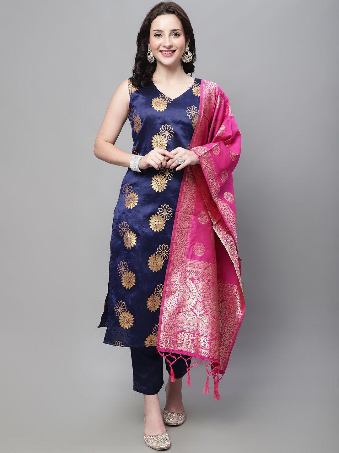 kalini floral printed v-neck kurta with trousers & with dupatta