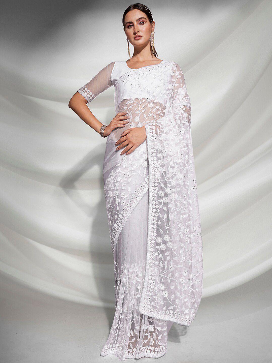 mitera white floral chikankari net saree