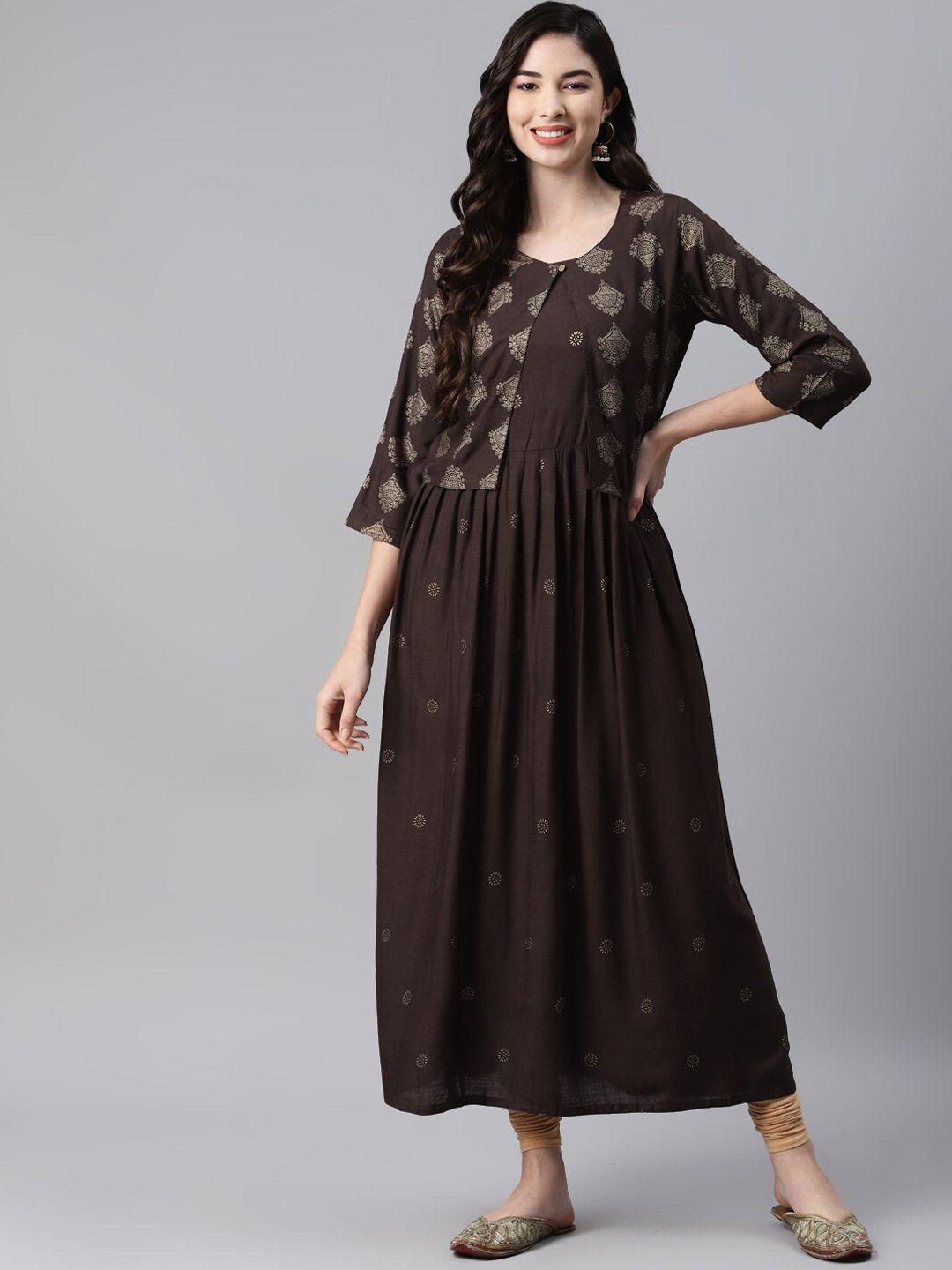 baesd sleeveless ethnic motifs printed anarkali cotton kurta & jacket