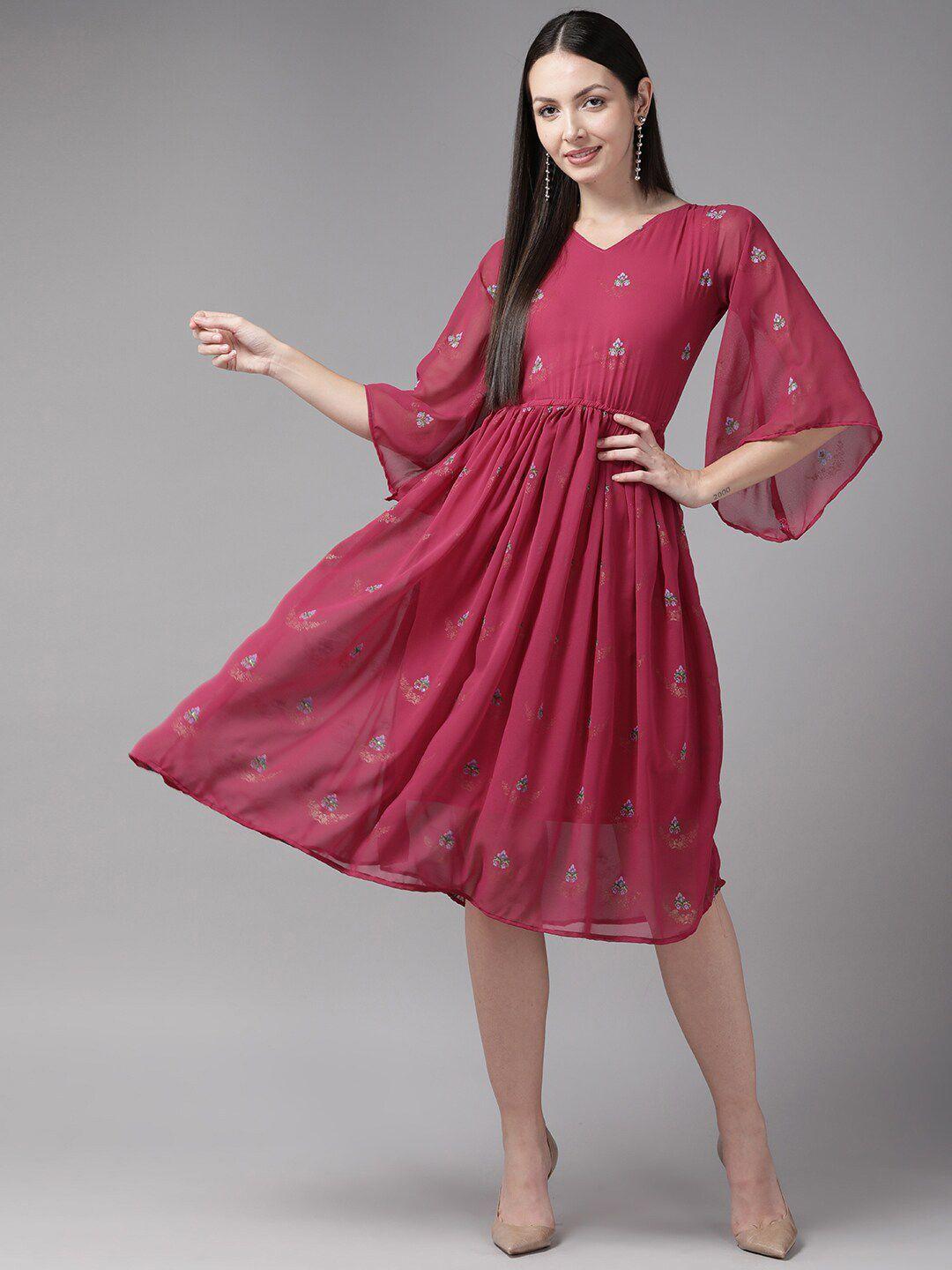 baesd floral printed flared sleeve georgette fit and flare dress