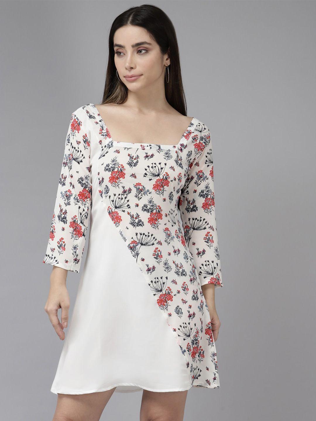 baesd white floral print georgette a-line dress