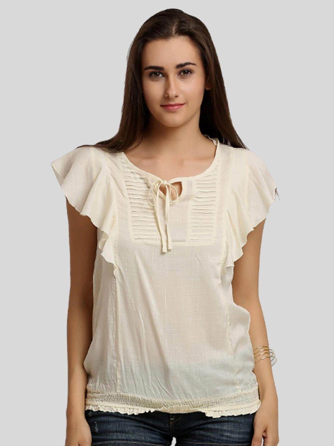 moda elementi tie-up neck sleveeless ruffled pure cotton top