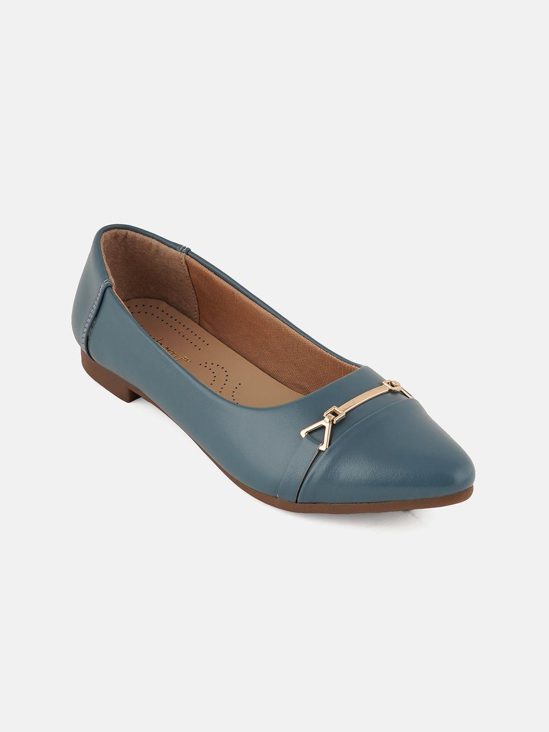 dressberry women teal blue & gold toned embellished pointed toe ballerinas