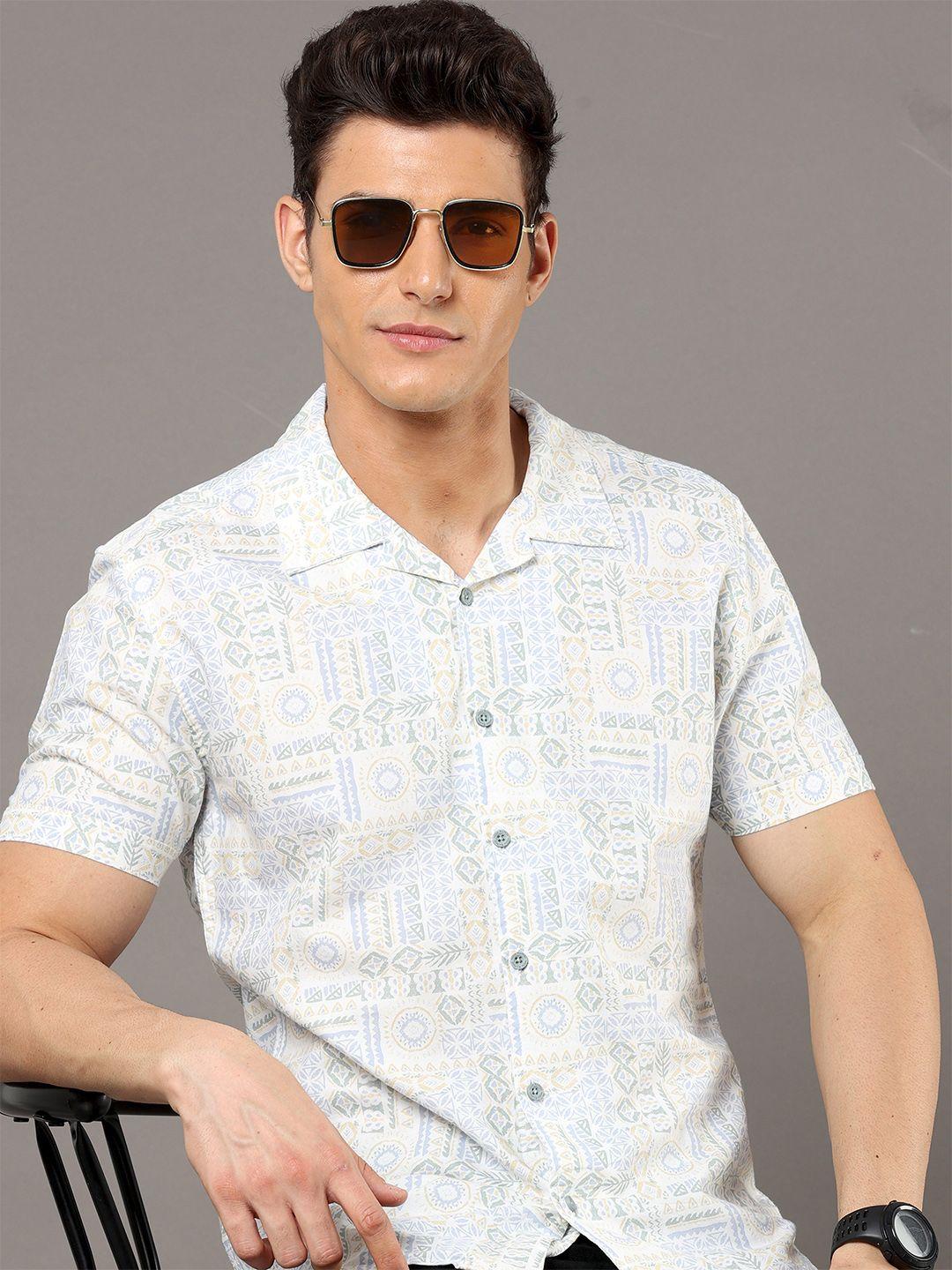 moda rapido white geometric printed cuban collar slim fit cotton casual shirt