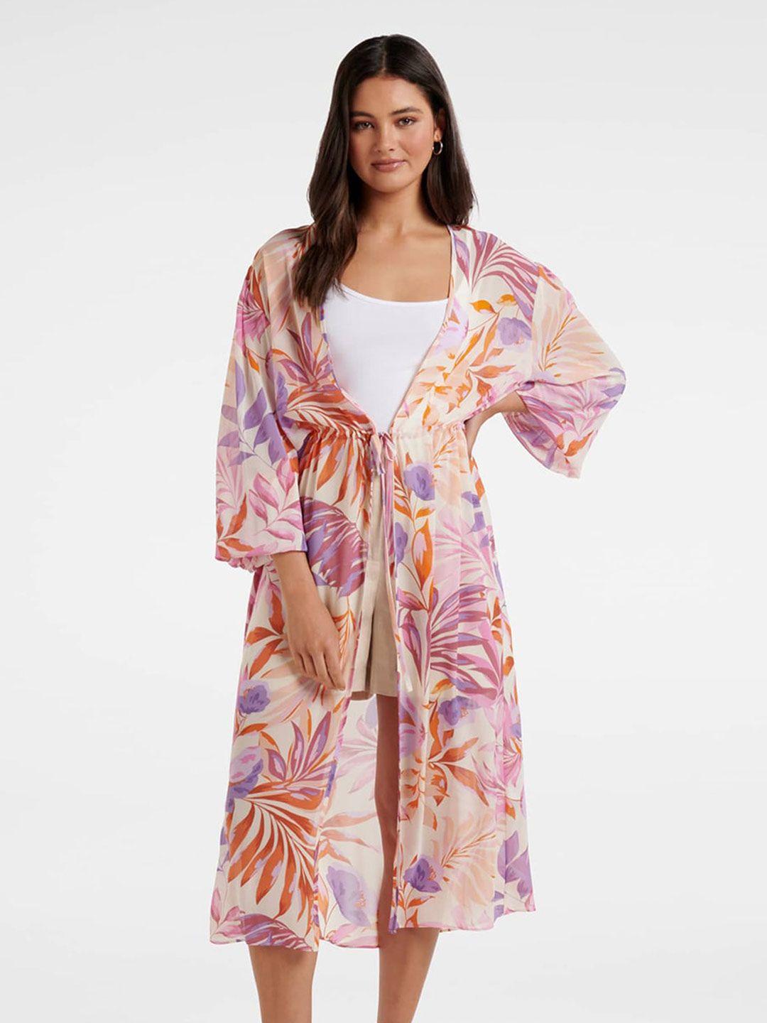 forever new tropical printed kimono sleeves waist tie ups longline top