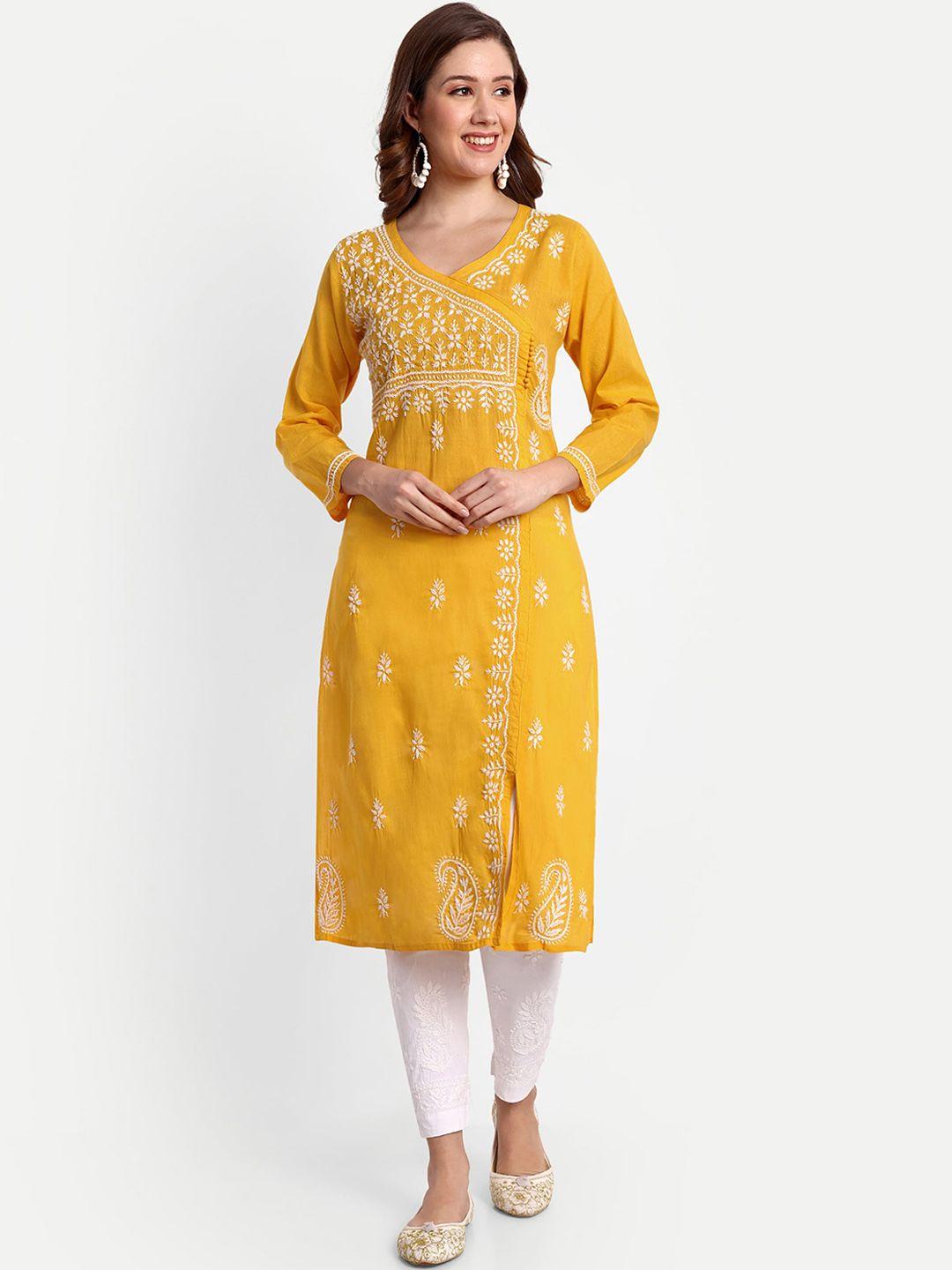 indiankala4u ethnic motifs embroidered chikankari pure cotton angrakha kurta