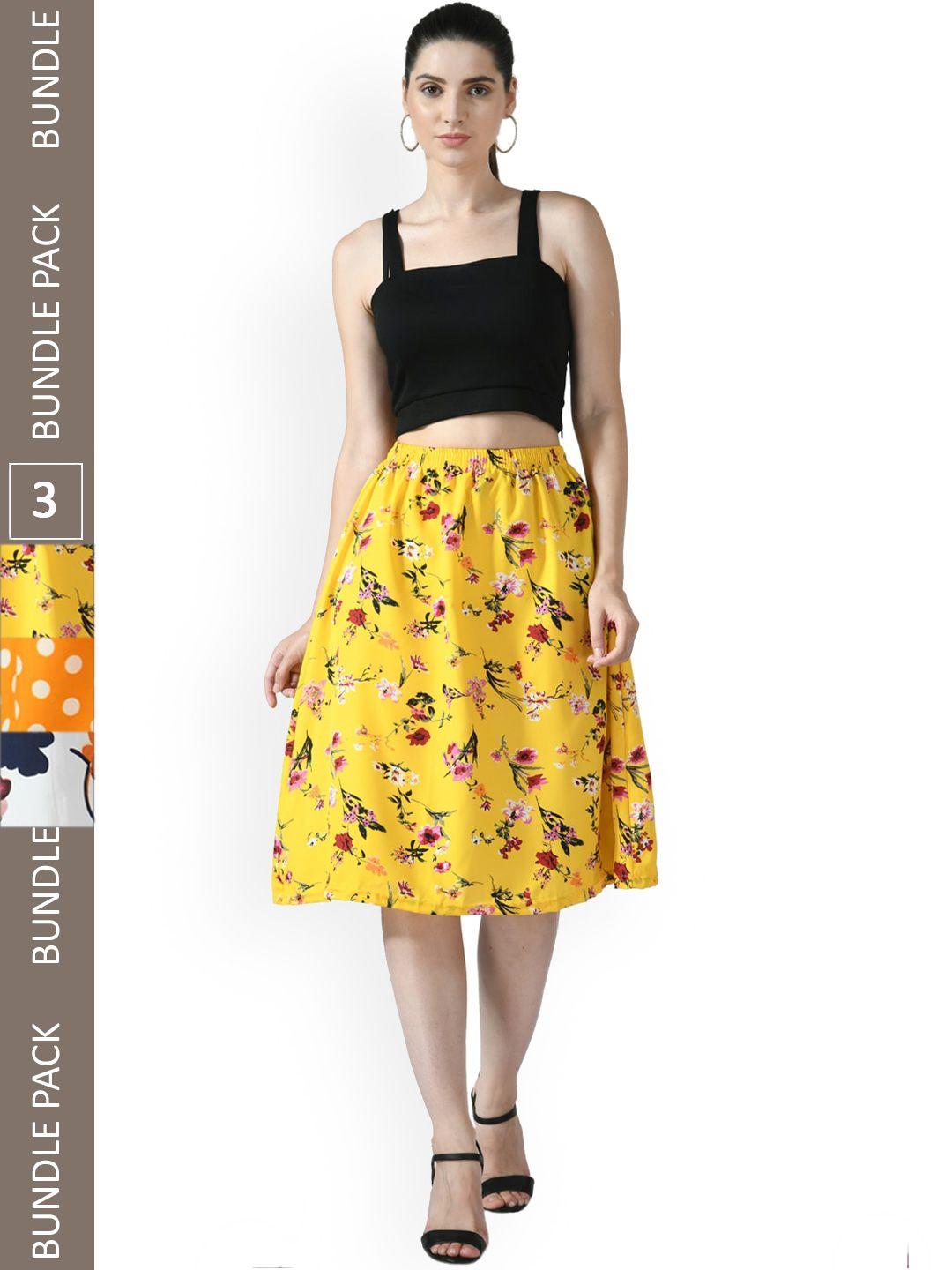 indiweaves pack of 3 floral printed flared midi skirts