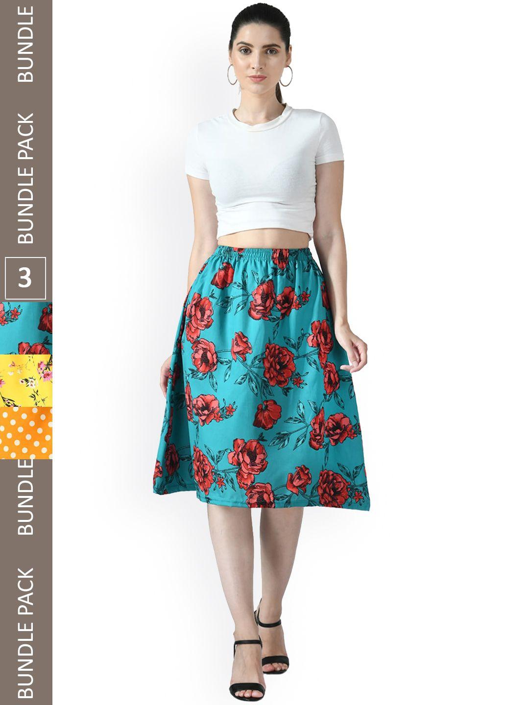 indiweaves pack of 3 floral printed flared midi skirts