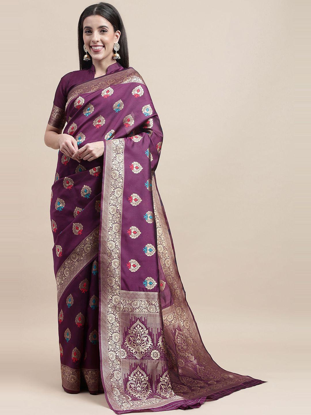 here&now purple & gold-toned woven design zari silk blend kanjeevaram saree