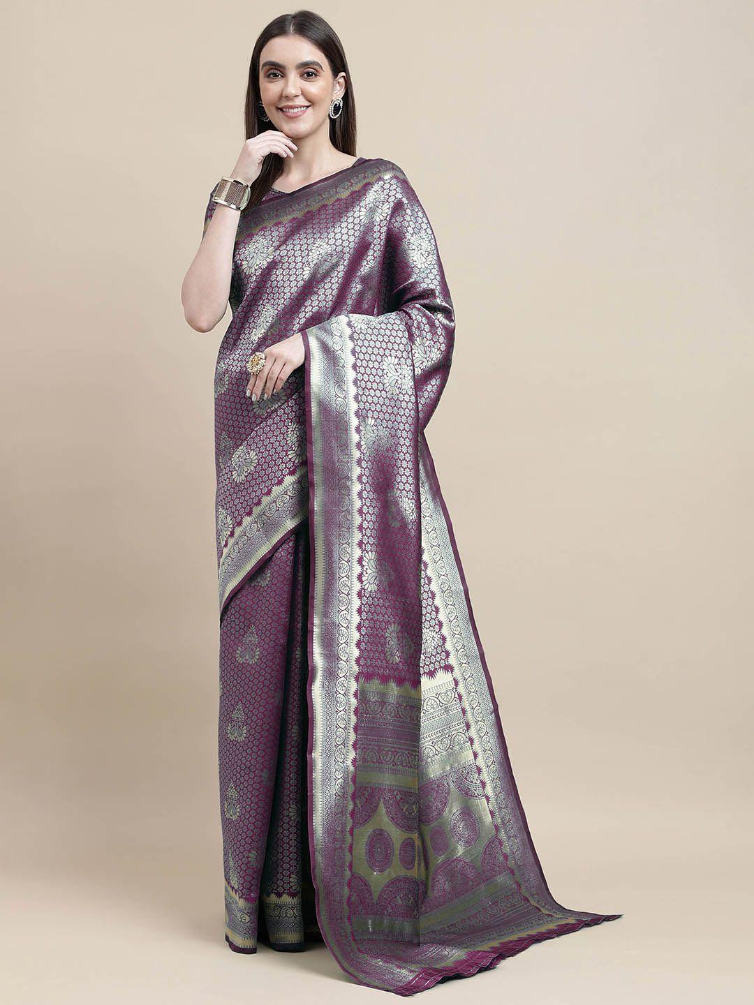 here&now purple & gold-toned woven design zari silk blend banarasi saree