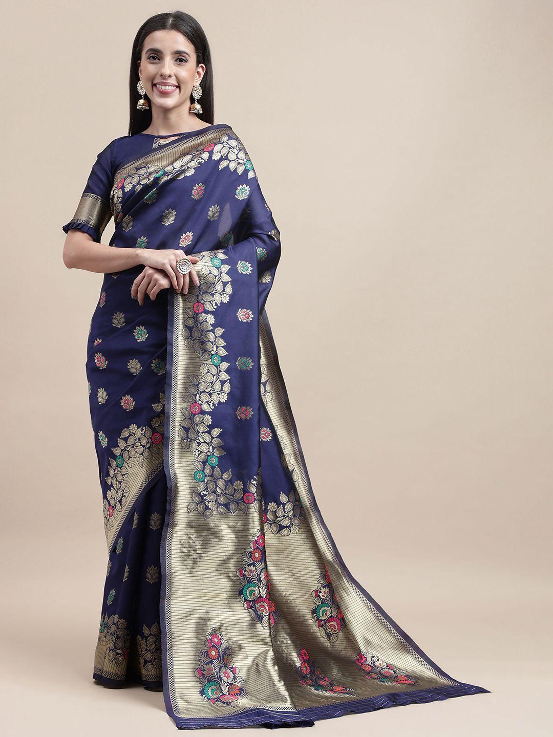 here&now blue & pink woven design zari silk blend kanjeevaram saree