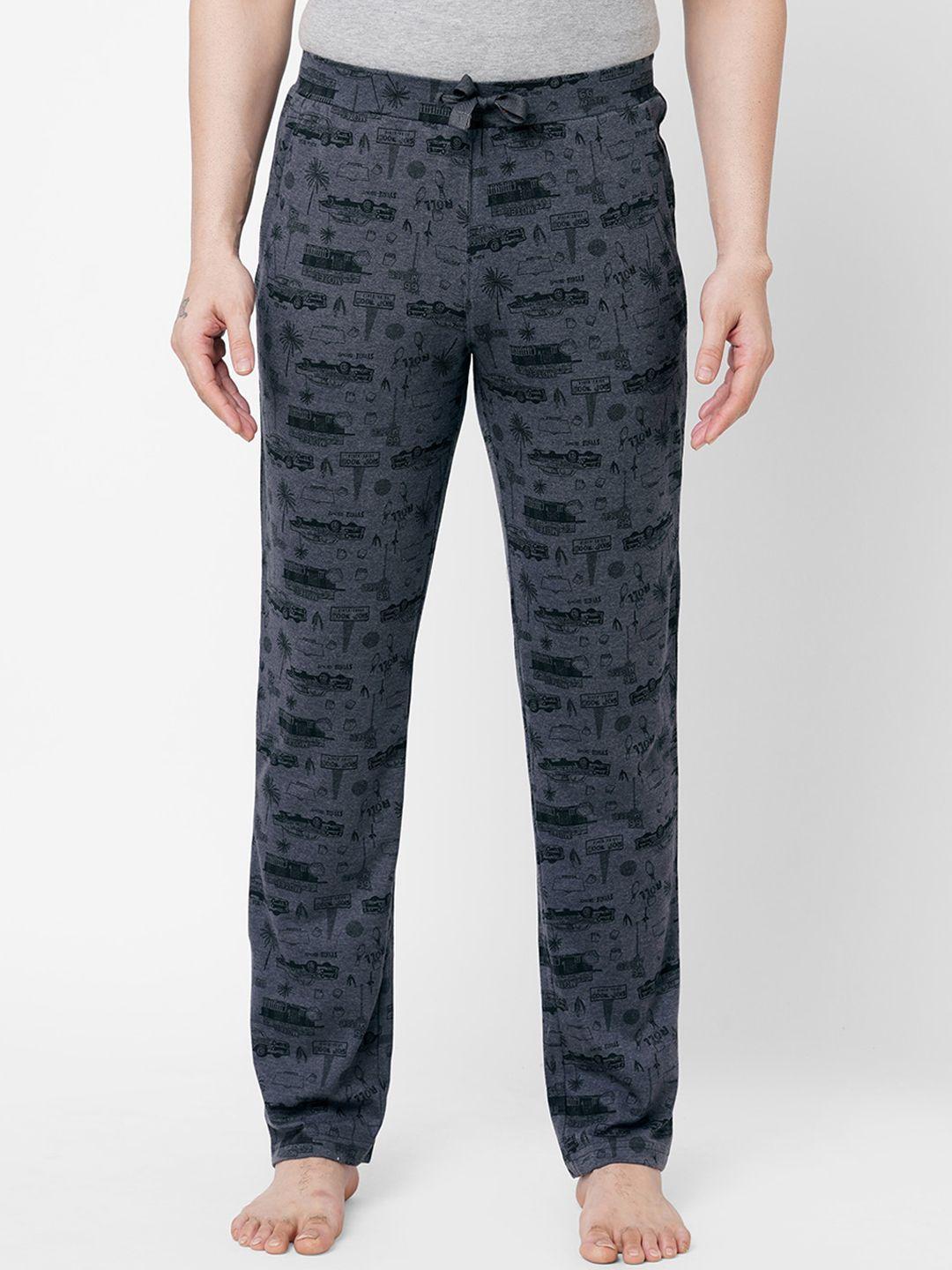 sweet dreams men grey & black printed 4-way stretch cotton lounge pants