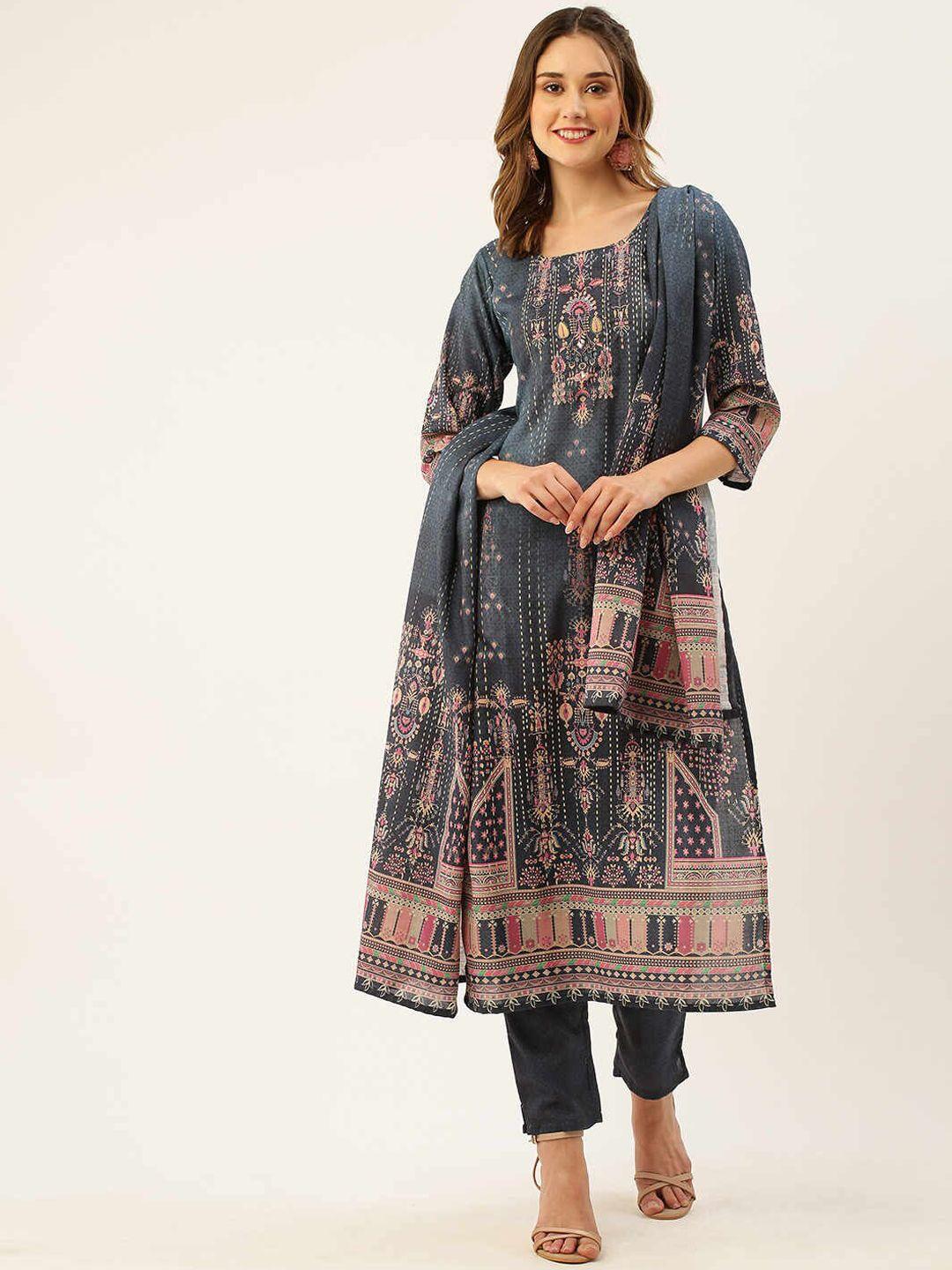 zola women blue ethnic motifs printed regular sequinned pure cotton kurta with trousers & with dupatta