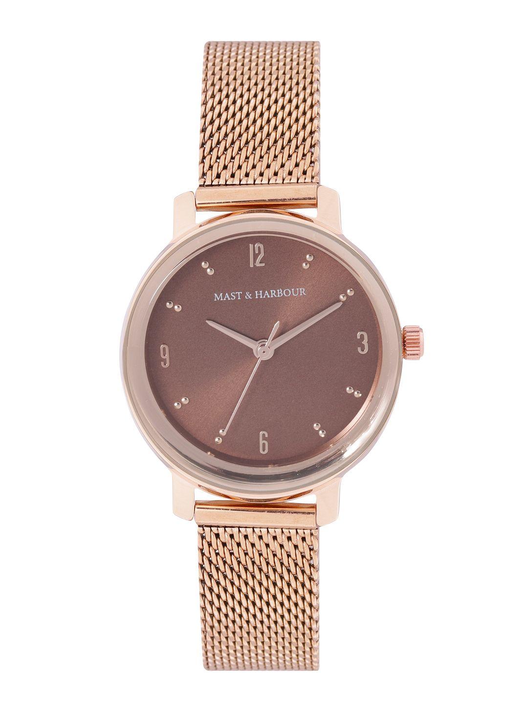 mast & harbour women brown brass dial & rose gold toned stainless steel bracelet style straps analogue watch