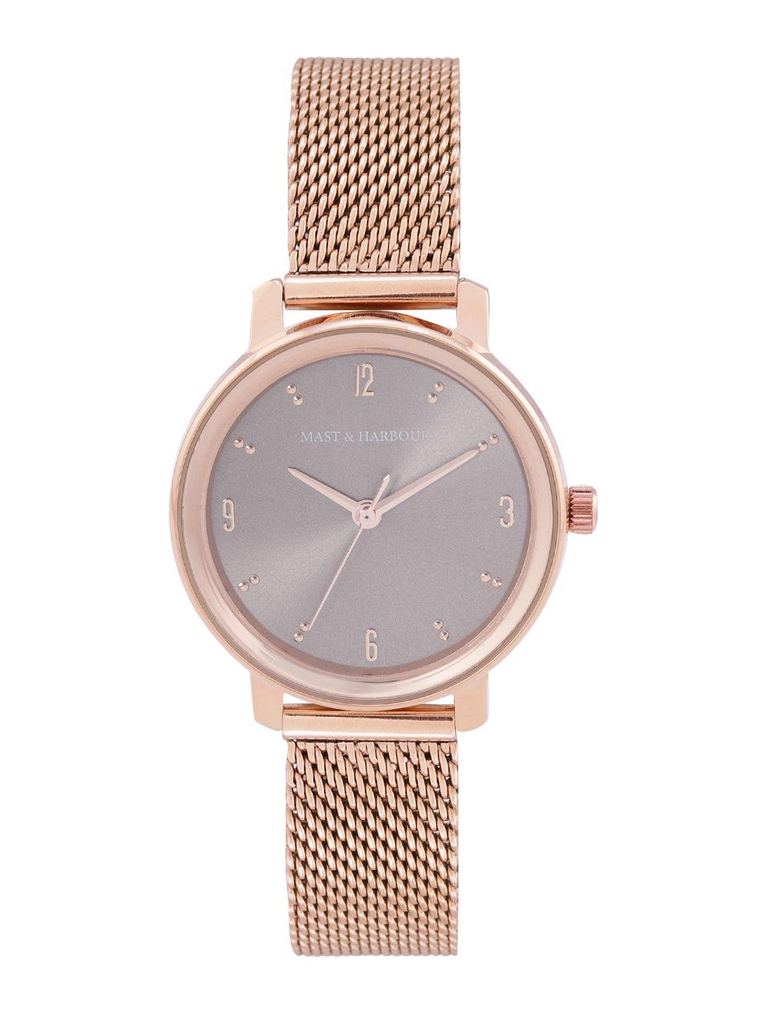 mast & harbour women grey brass dial & rose gold toned stainless steel bracelet style straps analogue watch