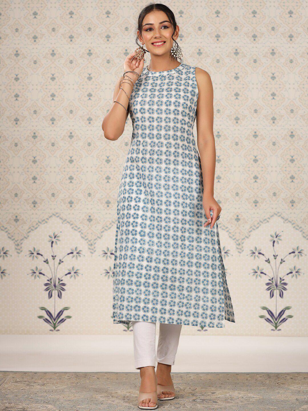 ode by house of pataudi floral printed sleeveless a-line cotton kurta