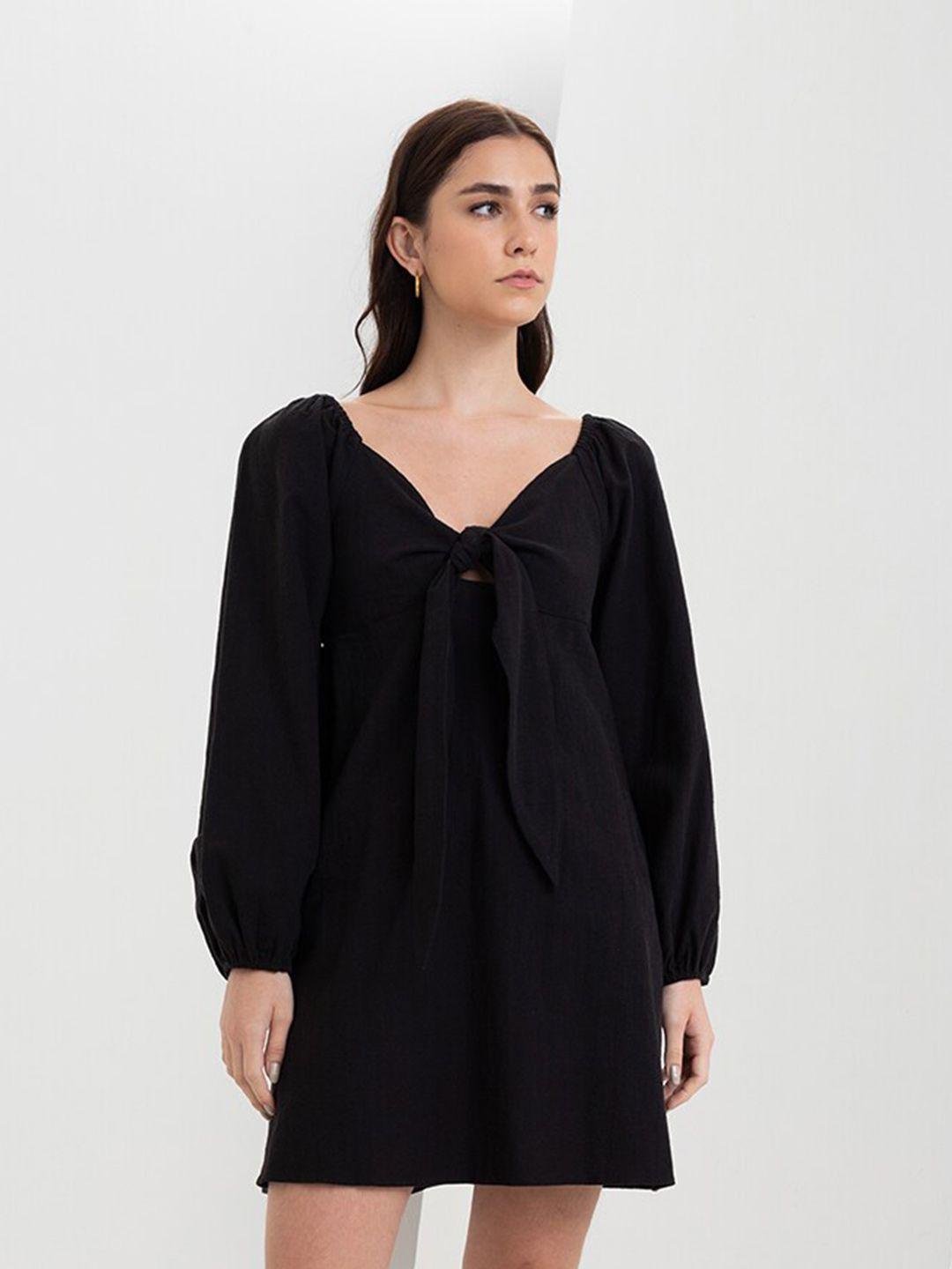 zalora studios linen cotton v-neck puff sleeves a-line dress