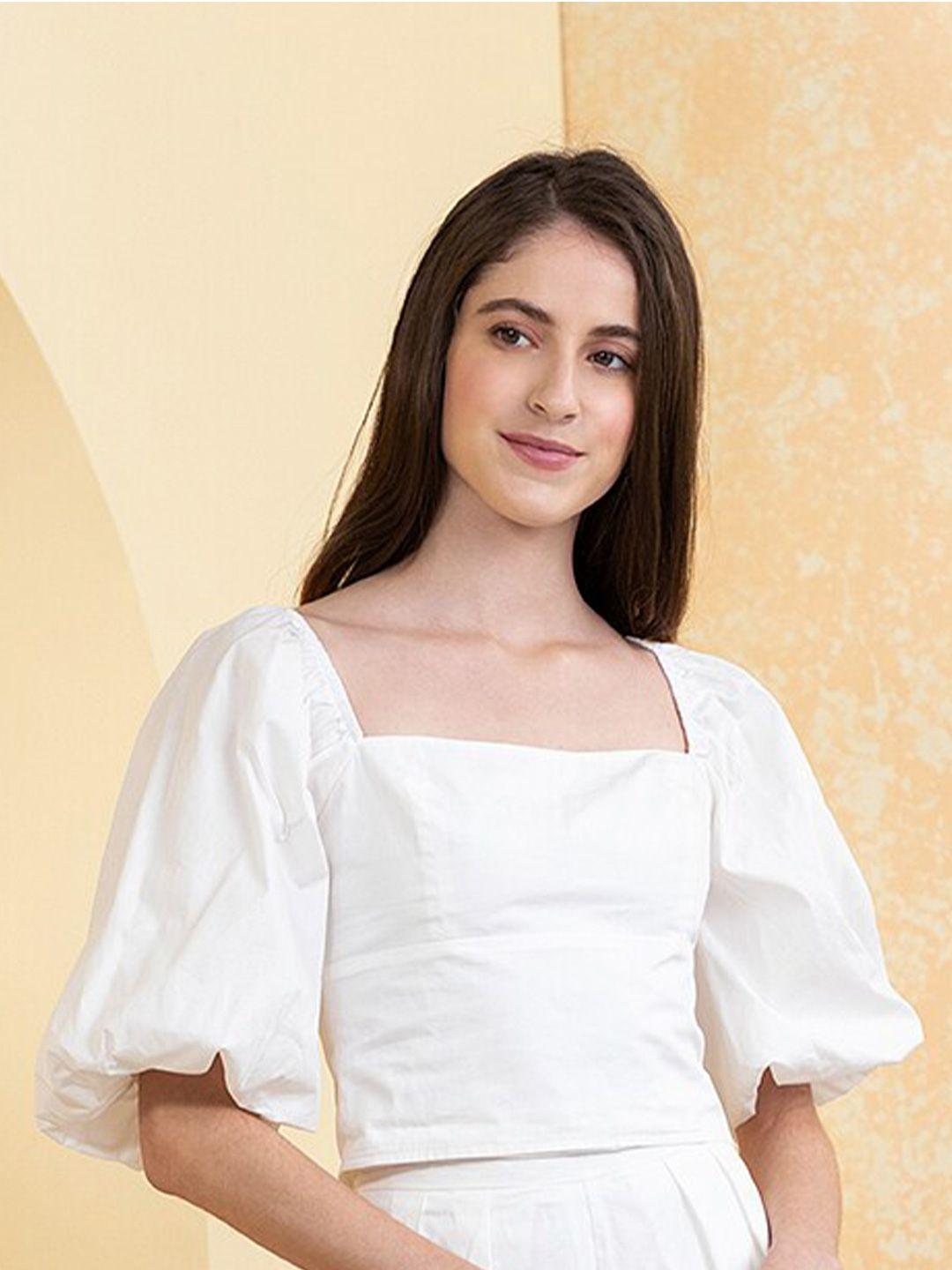 zalora studios square neck puff sleeves pure cotton crop top