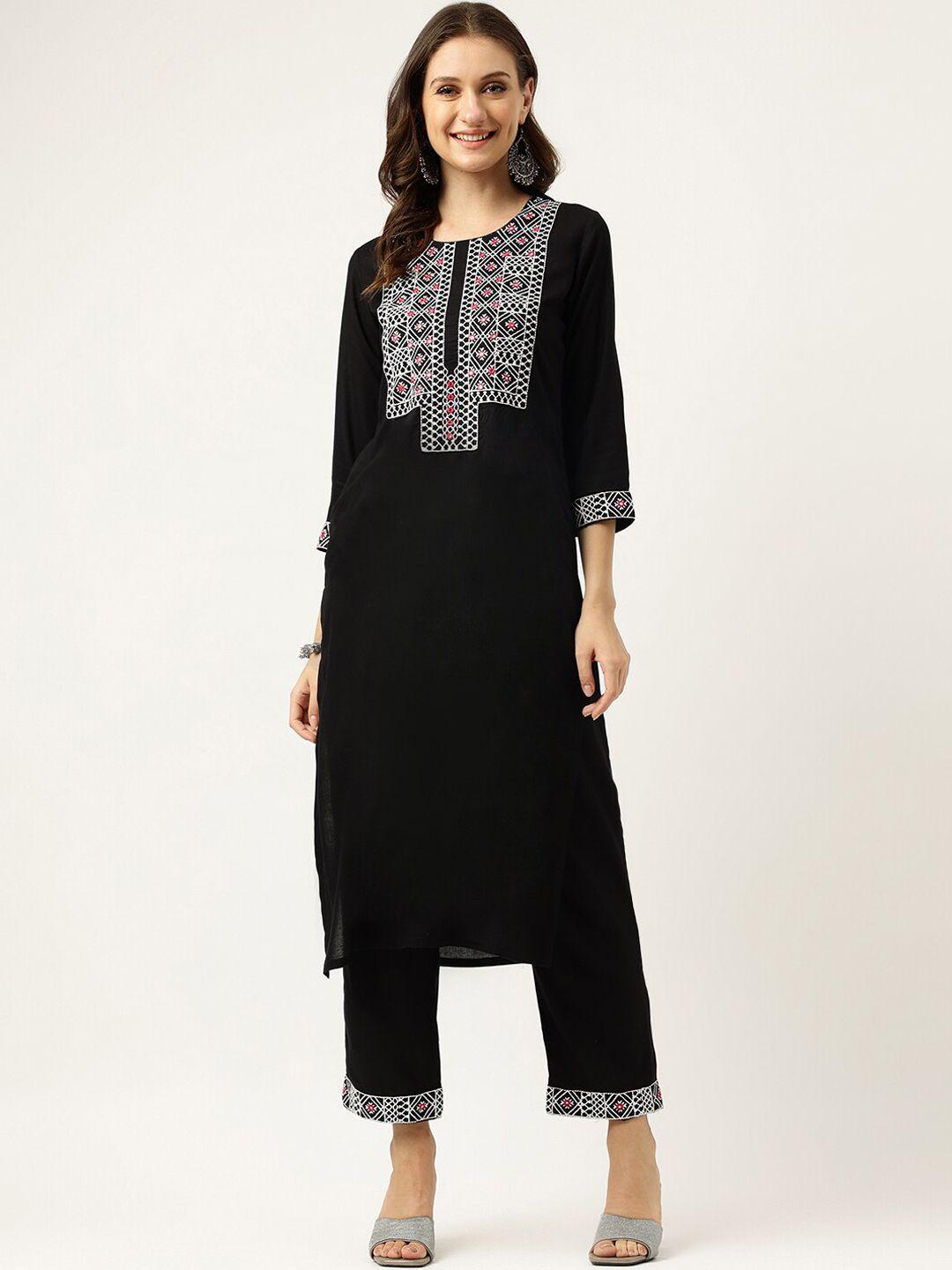 ashlee women black ethnic motifs embroidered regular mirror work kurta with trousers