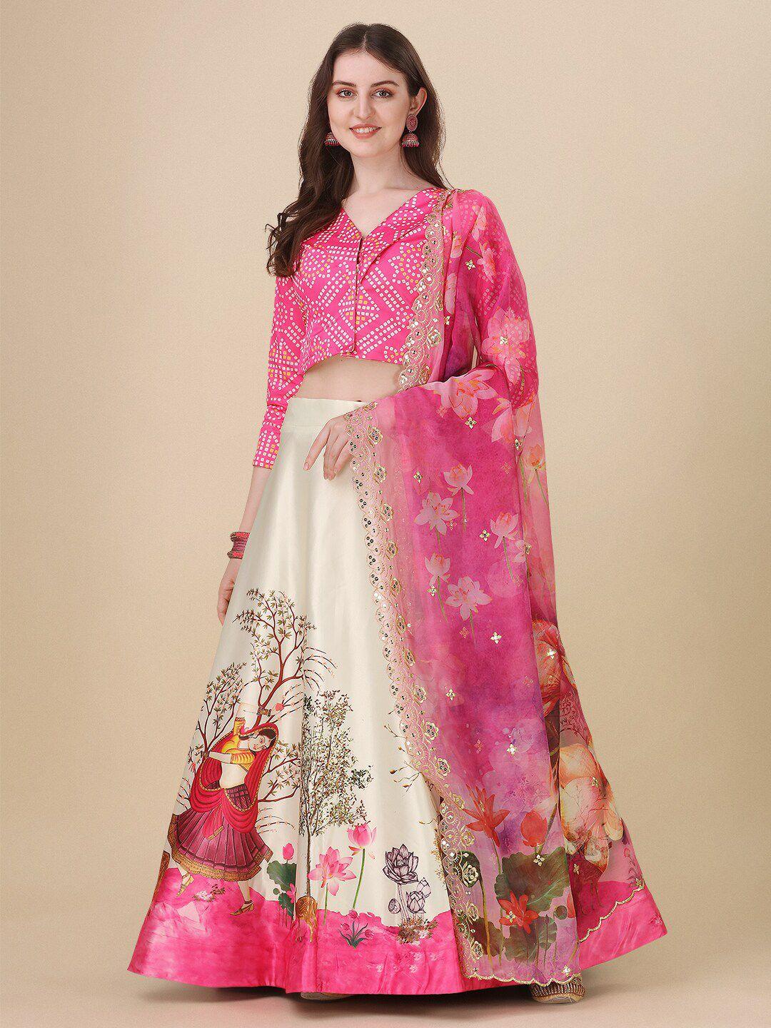 kaizen texo fab pink & cream-coloured printed semi-stitched lehenga & blouse with dupatta